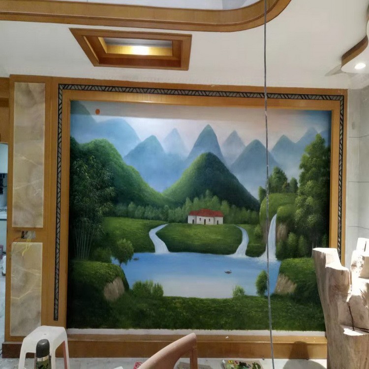 电视背景墙壁纸客厅手绘抽象复古画风景画 背景墙墙绘图片 墨林文化